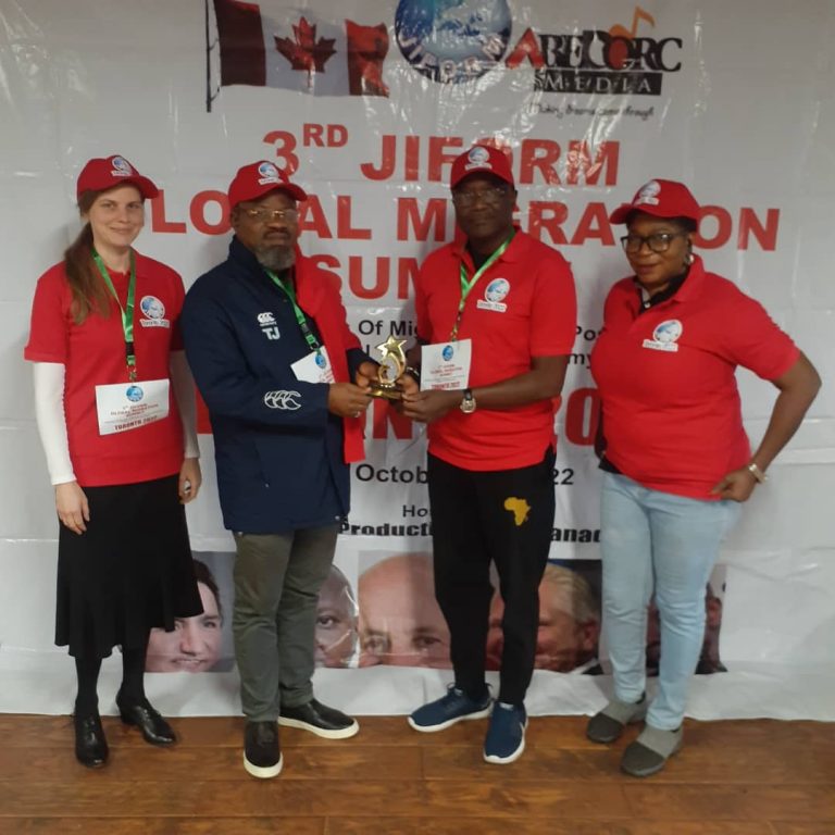 *From left: Linda Schulz of the Home for the Needy Germany; President, Nigeria Union of Journalists (NUJ), Christopher Isiguzo, MFR (2nd left) receiving the Media Legendary Award at the 3rd JIFORM Global Migration Summit from Prince Yinka Farinde, the CEO of Abedorc Productions Inc and the host of the event in Toronto while Mrs Abimbola Oyetunde, the General of Bronze FM, Benin City, Edo State, Nigeria watches by the side on October 15, 2022.