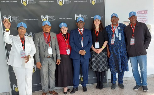 From Left: Mariam Saran Sow from Germany; Dr Ijoma Williams Azuma; Veronika Daniela Pilih; Dr Alpha Osman Timbo, the Minister of Labour and Social Security, Sierra Leone; Teresa Jacob of Home for the Needy, Germany; Abdur-Rahman Balogun, the Head of Media Unit, Nigerians In Diaspora Commission, and Pastor Solomon. A Folorunsho, the chairman of Home for the Needy during the JIFORM Intercontinental Migration Summit at Medgar Evers College (MEC), City University, New York (CUNY) in Brooklyn on November 2, 2022