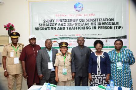 From L-R:  Comptroller James Sunday of Nigeria Immigration Service (NIS), Rivers State; Rtd Comptroller Mannir Yari; Dr Ajibola Abayomi,  the President, Journalists International Forum For Migration (JIFORM);  Assistant Controller General (ACG) Ngozi Odikpo, the acting Deputy Comptroller General of Immigration, the representative of the Comptroller General NIS, Isah Jere; Ex-NIS Comptroller General NIS and CEO of Sure For You And Resettlement Initiative, Muhammad Babandede OFR; Mrs Ovie Maureen, Head Migrant Resource Centres (MRC), Federal Ministry of Labour and Employment and Mrs Tolulope Olaiya, NGC Coordinator, Abuja at the workshop for journalists on the capacity building for the media on migration matters in Abuja on May 23, 2023.